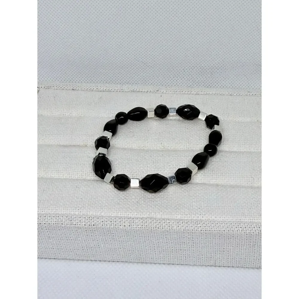 Geneva Platinum Black Cuff Watch + Handmade Beaded Bracelet Set